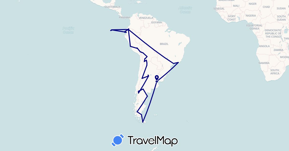 TravelMap itinerary: driving in Argentina, Bolivia, Brazil, Ecuador, Peru (South America)